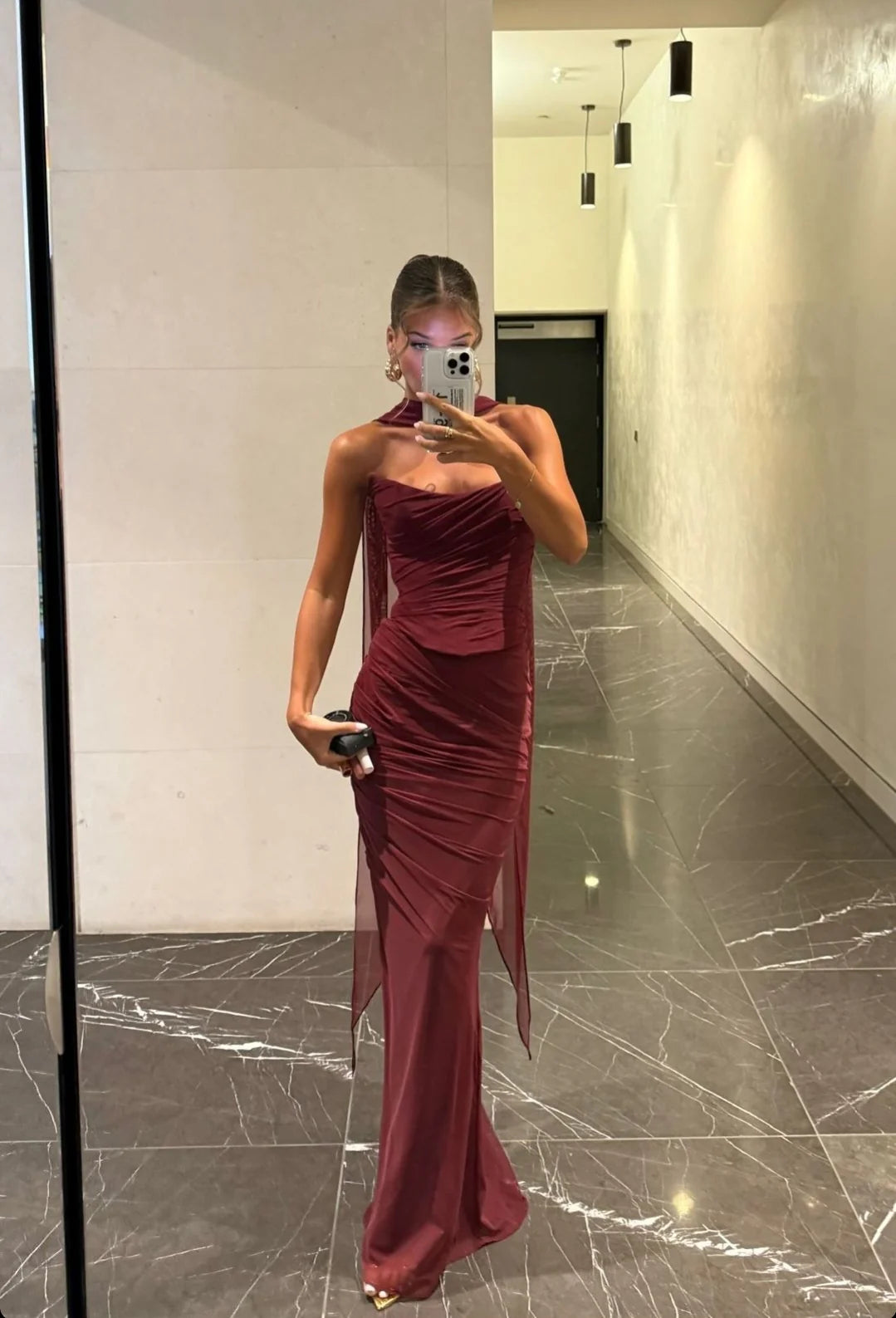 House of CB Set Cassidy Maxi Skirt and Hallie Corset Top in Cabernet Red